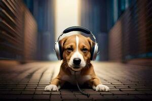 une chien portant écouteurs sur une brique sol. généré par ai photo