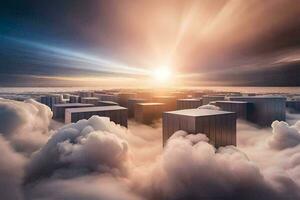 des nuages et Soleil plus de une ville. généré par ai photo