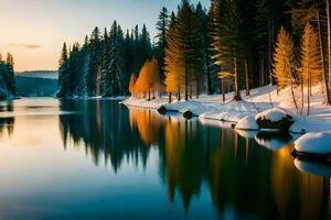 hiver paysage avec neige couvert des arbres et l'eau. généré par ai photo