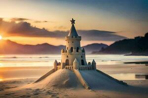 une le sable Château sur le plage à le coucher du soleil. généré par ai photo