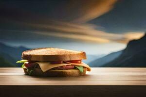 une sandwich est assis sur une en bois table avec montagnes dans le Contexte. généré par ai photo