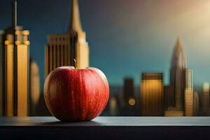 un Pomme est assis sur une table dans de face de une paysage urbain. généré par ai photo