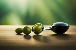 Olives sur une cuillère. généré par ai photo