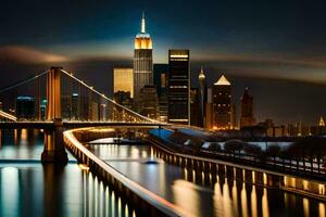 le ville horizon à nuit avec une pont plus de l'eau. généré par ai photo