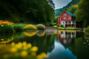 une rouge maison est assis sur le bord de une lac. généré par ai photo