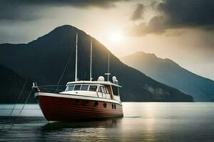 une bateau dans le l'eau avec montagnes dans le Contexte. généré par ai photo