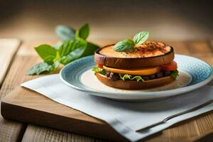 une sandwich avec tomates et fromage sur une plaque. généré par ai photo