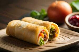 deux Rouleaux avec Viande et des légumes sur une en bois plaque. généré par ai photo