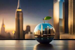 une verre Pomme avec une paysage urbain réfléchi dans il. généré par ai photo