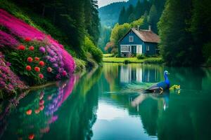 magnifique paon dans le l'eau avec fleurs et maison. généré par ai photo