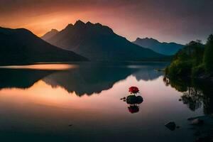 une rouge parapluie est assis sur une Roche dans le milieu de une lac. généré par ai photo