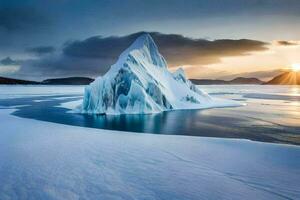 un iceberg flotteurs dans le l'eau à le coucher du soleil. généré par ai photo