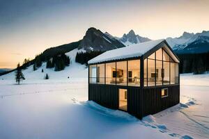 une petit cabine dans le neige avec montagnes dans le Contexte. généré par ai photo