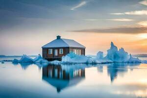 une petit maison est assis sur Haut de un iceberg dans le milieu de le océan. généré par ai photo