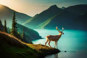 le cerf est permanent sur le bord de le lac. généré par ai photo