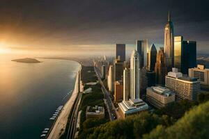 le Chicago horizon à le coucher du soleil. généré par ai photo