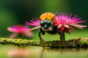 une abeille avec une fleur sur ses diriger. généré par ai photo