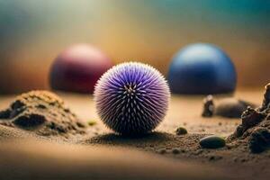 une violet Balle dans le le sable avec autre objets. généré par ai photo