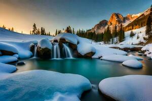 une cascade dans le neige avec rochers et des arbres. généré par ai photo