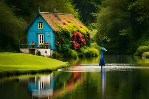 le bleu maison dans le étang. généré par ai photo