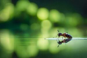 une petit insecte séance sur une feuille dans le l'eau. généré par ai photo