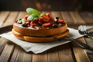 une sandwich avec tomate sauce et basilic sur Haut. généré par ai photo