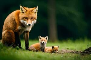 une mère Renard et sa deux petits dans le herbe. généré par ai photo