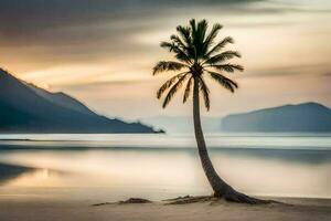 une seul paume arbre sur le plage à le coucher du soleil. généré par ai photo