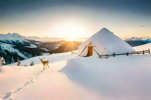 photo fond d'écran le ciel, montagnes, neige, cerf, cabane, cabane, cabane, cerf,. généré par ai