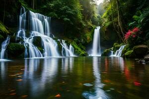 cascades dans le jungle avec rouge fleurs. généré par ai photo