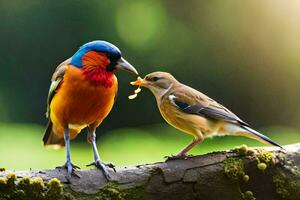 deux coloré des oiseaux permanent sur une branche. généré par ai photo