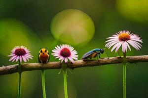 Trois coloré insectes séance sur une branche. généré par ai photo