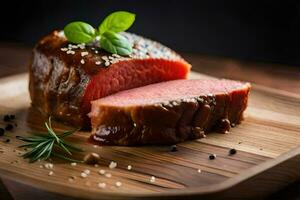 une pièce de Viande sur une en bois Coupe planche. généré par ai photo