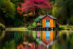 une coloré maison est assis sur une Dock entouré par des arbres. généré par ai photo