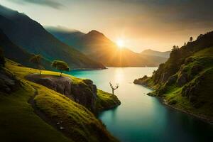 une Lac entouré par montagnes et des arbres à le coucher du soleil. généré par ai photo