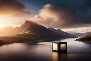 une cube flottant dans le milieu de une lac. généré par ai photo