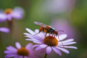 une abeille sur une fleur dans le jardin. généré par ai photo