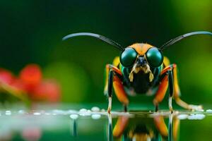 une coloré insecte avec une vert et Jaune corps. généré par ai photo