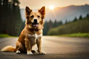 une chien séance sur le route à le coucher du soleil. généré par ai photo