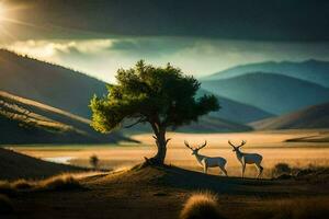 le cerf et le arbre. généré par ai photo