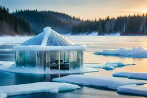 une verre iglou est assis sur le la glace dans le milieu de une lac. généré par ai photo