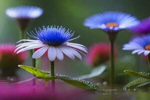 bleu fleurs dans le l'eau avec vert feuilles. généré par ai photo