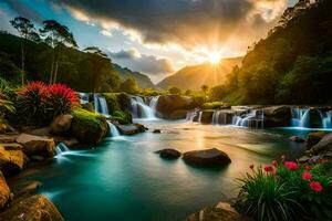 le Soleil monte plus de une cascade dans le montagnes. généré par ai photo