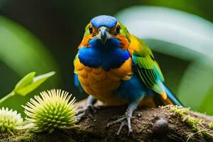 une coloré oiseau est assis sur une branche dans le forêt. généré par ai photo