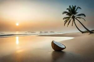 noix de coco sur le plage à le coucher du soleil. généré par ai photo