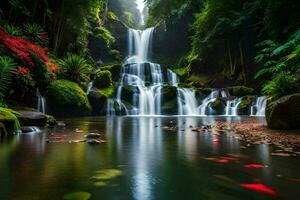 une cascade dans le jungle avec rouge poisson. généré par ai photo