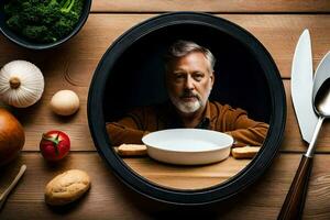 un plus âgée homme est séance dans de face de une assiette de aliments. généré par ai photo