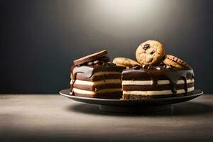 une Chocolat gâteau avec biscuits et crème sur Haut. généré par ai photo