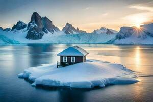 une petit maison est assis sur un iceberg dans le milieu de le océan. généré par ai photo