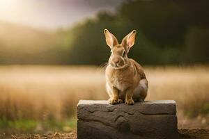 une lapin séance sur une Roche dans une champ. généré par ai photo